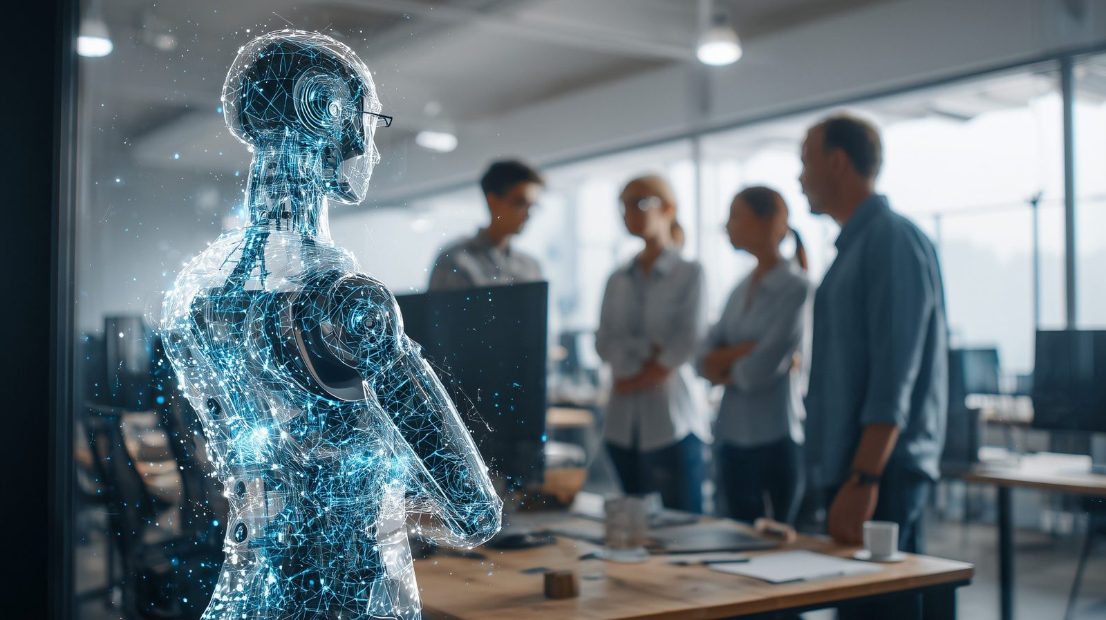A digital AI agent standing alongside a team of colleagues in a modern office